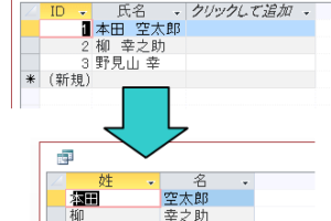 氏名を姓と名のフィールドに分けるクエリを作成して新規テーブルへ