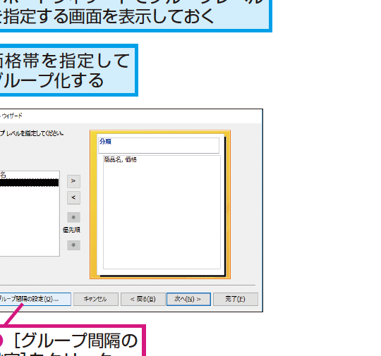 Accessのレポートウィザードでグループ化の単位を指定する方法